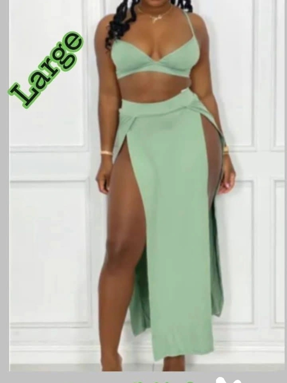 High-Slit Sage Green Maxi Skirt Set- Women
